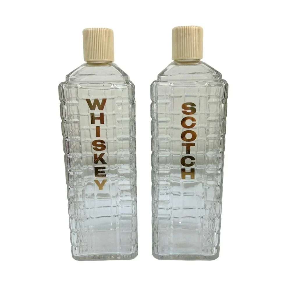 Vintage MCM Mid-Century KAROFF Whiskey & Scotch Clear Glass Barware Bottles
